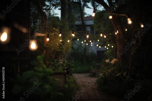 An outdoor string of lights in the garden in the beautiful evening  Generative AI