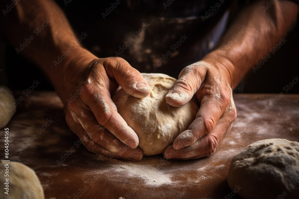 Hands of Baker Kneading Dough for Bread Cake, Generative AI