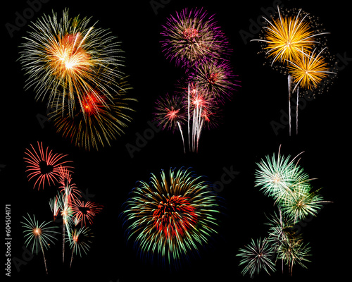 Beautiful light for celebration of Festive colorful fireworks display on night sky, isolated on black background