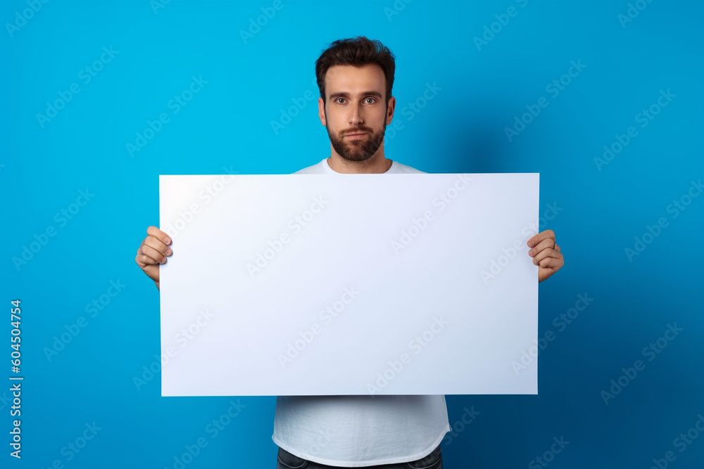 A man holding a blank whiteboard in front of a blue background, Generative AI A man holding a blank whiteboard in front of a blue background, Generative AI