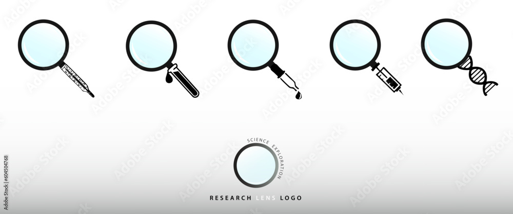 Magnifying glass icon set. Modern symbol with scientific instruments and medicine. Flat graphic design, silhouette, logos or button for applications and websites.Virtual search and exploration concept Magnifying glass icon set. Modern symbol with scientific instruments and medicine. Flat graphic design, silhouette, logos or button for applications and websites.Virtual search and exploration concept