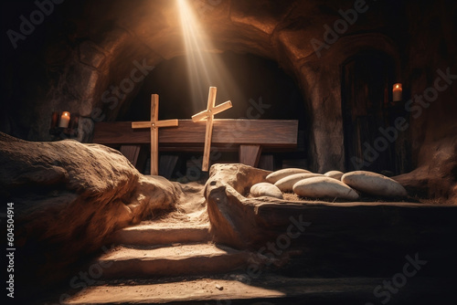 Experience the powerful symbolism of Crucifixion and Resurrection: Witness the empty tomb of Jesus against a backdrop of crosses. Embrace the Easter or Resurrection concept, celebrating the triumphant photo