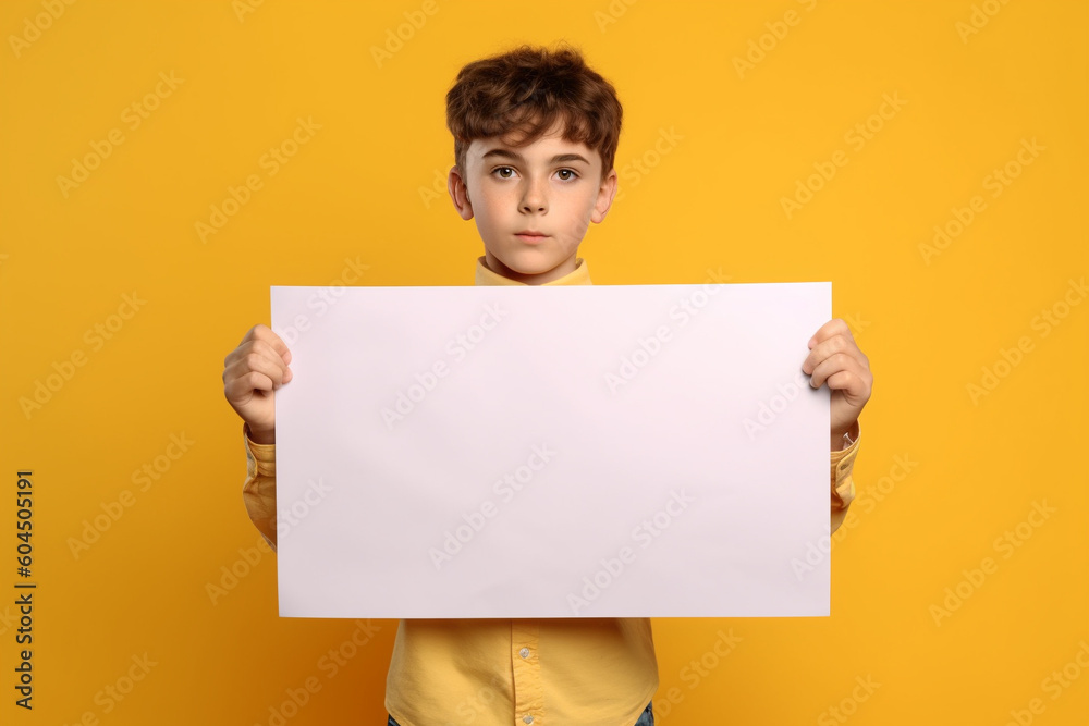 A kid holding a blank whiteboard in front of a yellow background, Generative AI A kid holding a blank whiteboard in front of a yellow background, Generative AI
