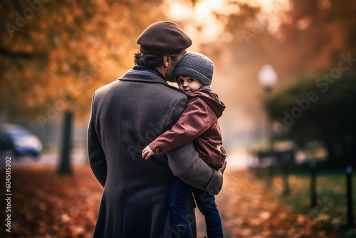 Father and toddler son hugging in park, loving moment, autumn background, father's day, generative ai