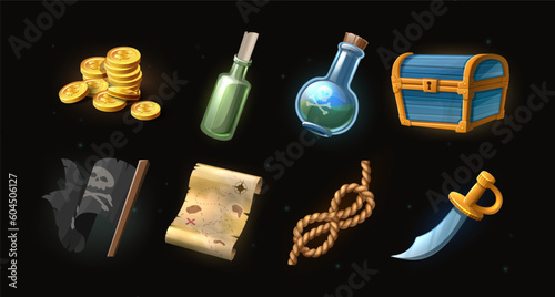 Vector cartoon style 3d icons. Pirate concept. Gold coins, bottle with a map, poison, treasure chest, flag, rope, sword.