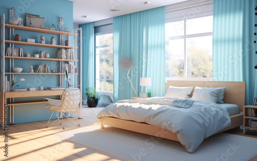Bright and airy cyan bedroom with natural wood accents , Generative AI 