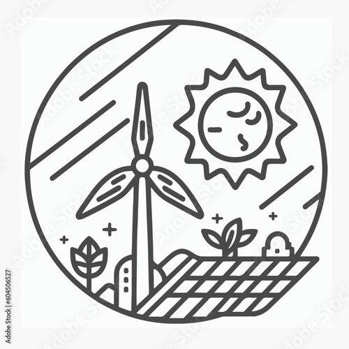 Modern Sustainable Ecosystem with Windmills and Solar Energy Panels, Electric , Green Industrial Factory with Renewable Energy. Flat icon. Electric Cars