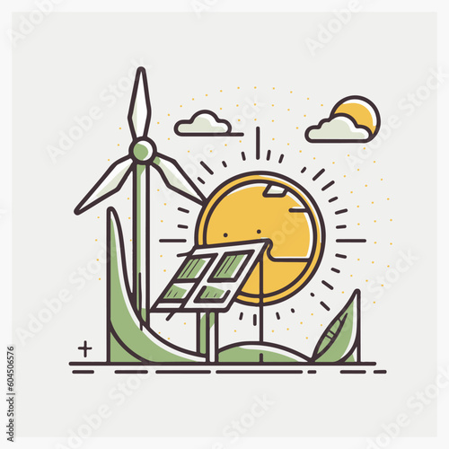 Modern Sustainable Ecosystem with Windmills and Solar Energy Panels, Electric , Green Industrial Factory with Renewable Energy. Flat icon. Electric Cars