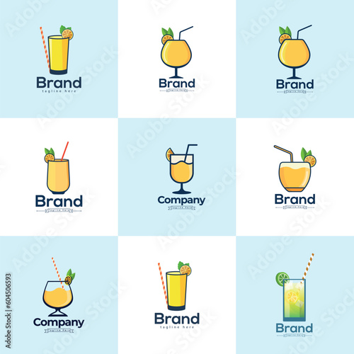 Set Of Different Drinks Including The Brand Mimosa Drink Glass Logo Template Big Collection. Mimosa lemon glasses Logo And Vector Illustration With A Slice Of Lemon And A Slice Of Taste Lemon.