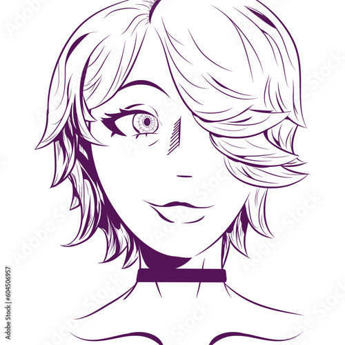 lineart illustration of the face of a female character anime style