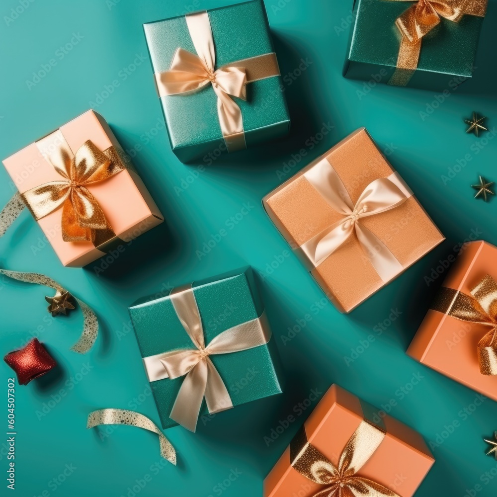 Gift box flat top view. Christmas and New Year surprise gift box. generative ai Gift box flat top view. Christmas and New Year surprise gift box. generative ai