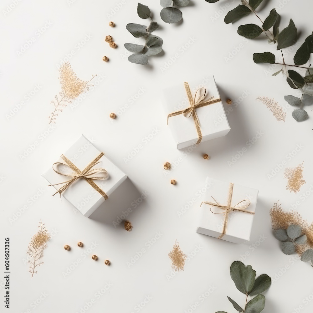 Gift box flat top view. Christmas and New Year surprise gift box. generative ai Gift box flat top view. Christmas and New Year surprise gift box. generative ai