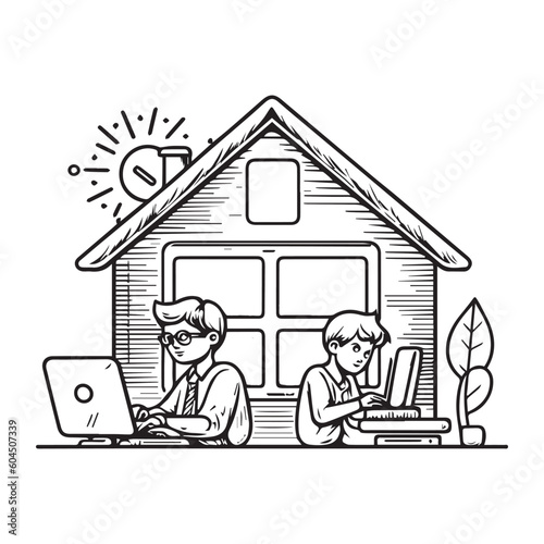 New normal of school during COVID-19 pandemic. Children at home online studying with classmate via video conferance on computer during city quarantine to prevent  corona virus.