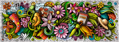 Spring hand drawn cartoon doodles illustration. Colorful vector banner