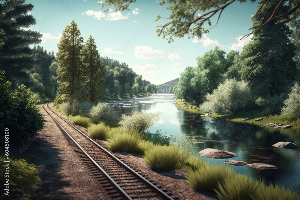 Railroad tracks in the forest and river. Landscape with railroad, generative Ai