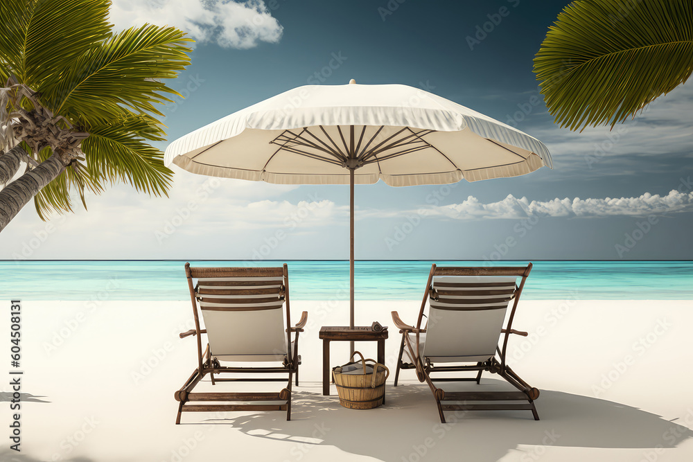 Two Chair And Parasol With Blurred Sea Background (ai generated)