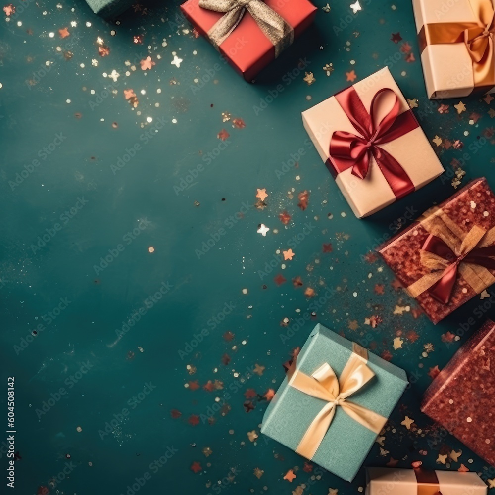 Gift box flat top view. Christmas and New Year surprise gift box. generative ai Gift box flat top view. Christmas and New Year surprise gift box. generative ai