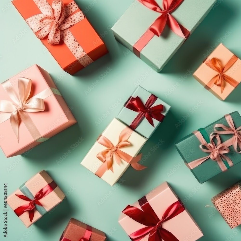 Gift box flat top view. Christmas and New Year surprise gift box. generative ai Gift box flat top view. Christmas and New Year surprise gift box. generative ai