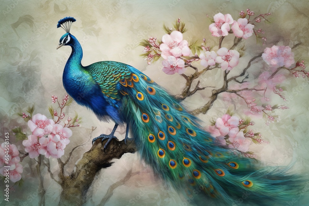 Fototapeta premium Peacock on a branch with blooming sakura. Vintage painting, generative Ai