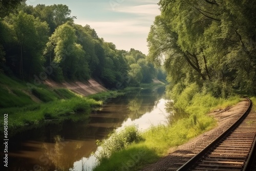 Railroad tracks in the forest and river. Landscape with railroad, generative Ai