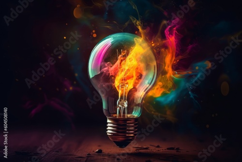 Glowing light bulb with colorful smoke on dark background. Idea concept, generative Ai