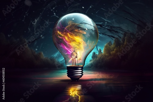 Light bulb with lightning and stormy nature background. 3D rendering, generative Ai