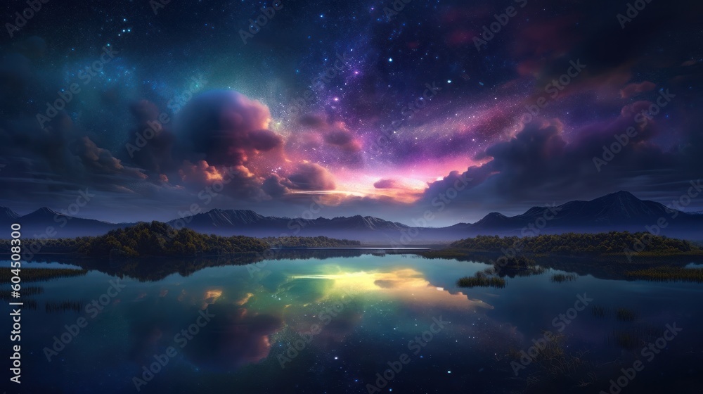 Fantasy landscape with lake and starry sky. 3D rendering, generative Ai