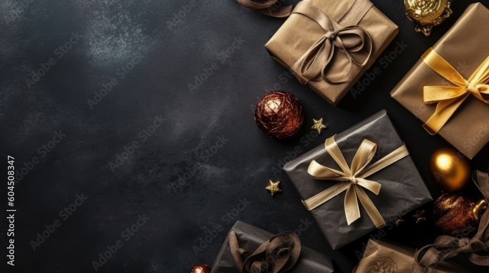 Fototapeta premium Gift box flat top view. Christmas and New Year surprise gift box. generative ai