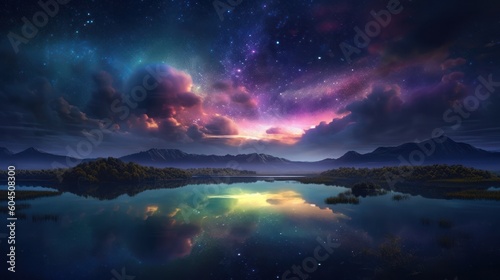 Fantasy landscape with lake and starry sky. 3D rendering, generative Ai © Angus.YW