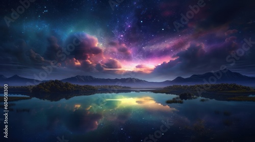 Fantasy landscape with lake and starry sky. 3D rendering, generative Ai