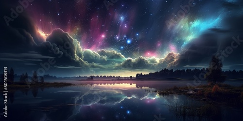 Fantasy landscape with lake and aurora borealis in night sky, generative Ai © Angus.YW