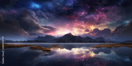 Fantasy landscape with lake, mountains and sky with stars. 3d rendering, generative Ai