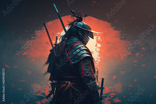 illustration painting A samurai with a katana stands ready to fight against a huge army. 3D illustration. 3D illustration, digital art style. (ai generated)
