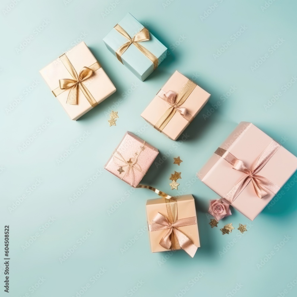 Gift box flat top view. Christmas and New Year surprise gift box. generative ai Gift box flat top view. Christmas and New Year surprise gift box. generative ai