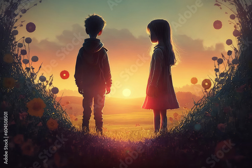 illustration painting of lover on the meadow looking at the sunset, digital art style. (ai generated)