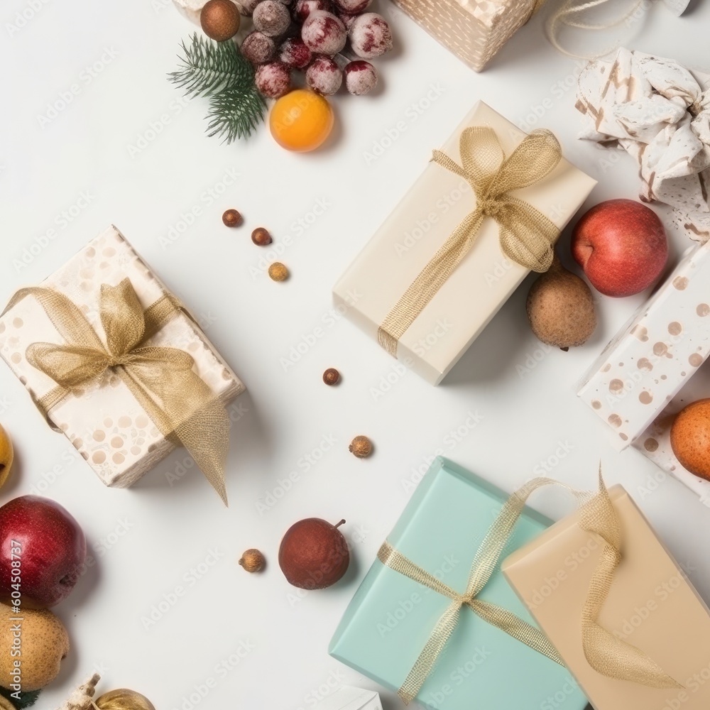 Gift box flat top view. Christmas and New Year surprise gift box. generative ai Gift box flat top view. Christmas and New Year surprise gift box. generative ai