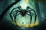 Brave hero lights way with lantern, stands in front of huge spider with sting, glowing yellow mouth with sharp teeth stands its paws in swampy dead landscape. (ai generated)
