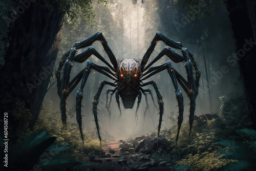 Brave hero lights way with lantern, stands in front of huge spider with sting, glowing yellow mouth with sharp teeth stands its paws in swampy dead landscape. (ai generated) © ImagineDesign