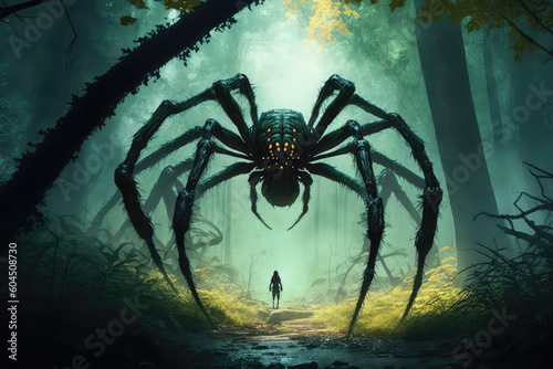 Brave hero lights way with lantern  stands in front of huge spider with sting  glowing yellow mouth with sharp teeth stands its paws in swampy dead landscape.  ai generated 