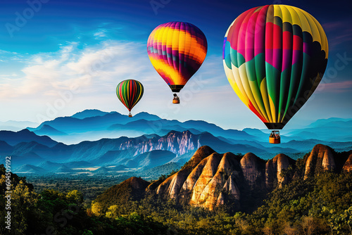 Colorful hot air balloons flying over mountain in the morning. (ai generated)