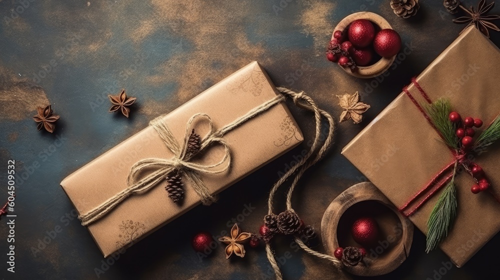 Fototapeta premium Gift box flat top view. Christmas and New Year surprise gift box. generative ai