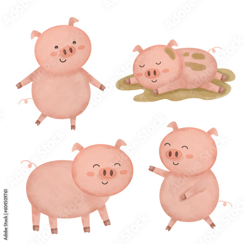 Water color cartoon animal set for stickers and emoji avatars of tropical and forest characters isolated on white background.
