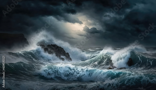  a storm. Thunder, rain big waves on the ocean. rough water, sea. Digital artwork, painting. (ai generated)