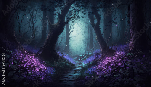 Fairy purple forest at night, fantasy glowing flowers and lights. (ai generated)