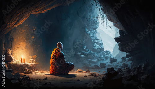 Buddhist monk in meditation In a cave with a waterfall in nature on the mountain. (ai generated)