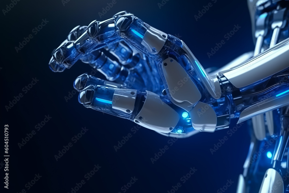 Closeup on the cyborg's or robot hand technology with circuits inside Closeup on the cyborg's or robot hand technology with circuits inside