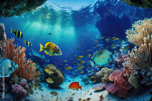 Animals of the underwater sea world. Ecosystem. Colorful tropical fish. Life in the coral reef.  ai generated 
