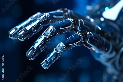 Closeup on the cyborg's or robot hand technology with circuits inside