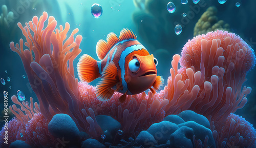 Animals cartoon of the underwater sea world. Ecosystem. Colorful tropical fish. Life in the coral reef.  ai generated 