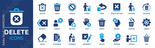 Delete icon set. Containing trash, delete button, cancel, undo, throw and remove icons. Solid icon collection. Vector illustration. photo